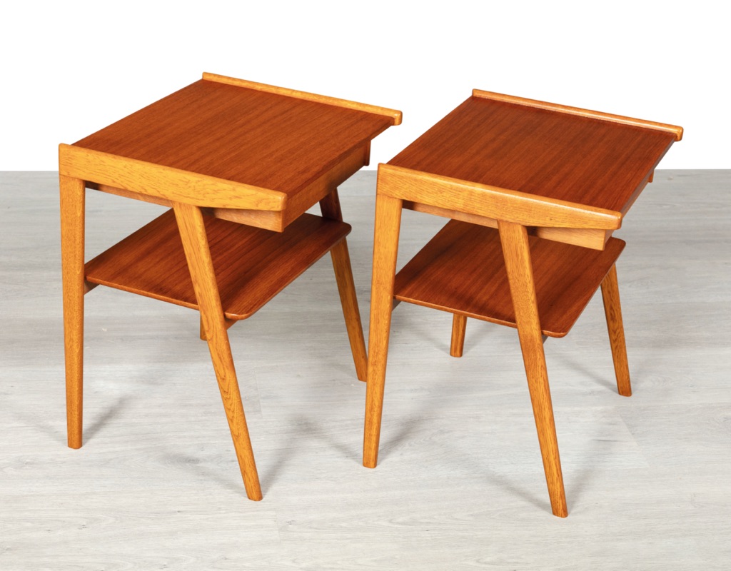 Mid century modern bedside cabinets nightstands tables Swedish Danish 1960s vintage bedroom furniture teak European oak side view pair