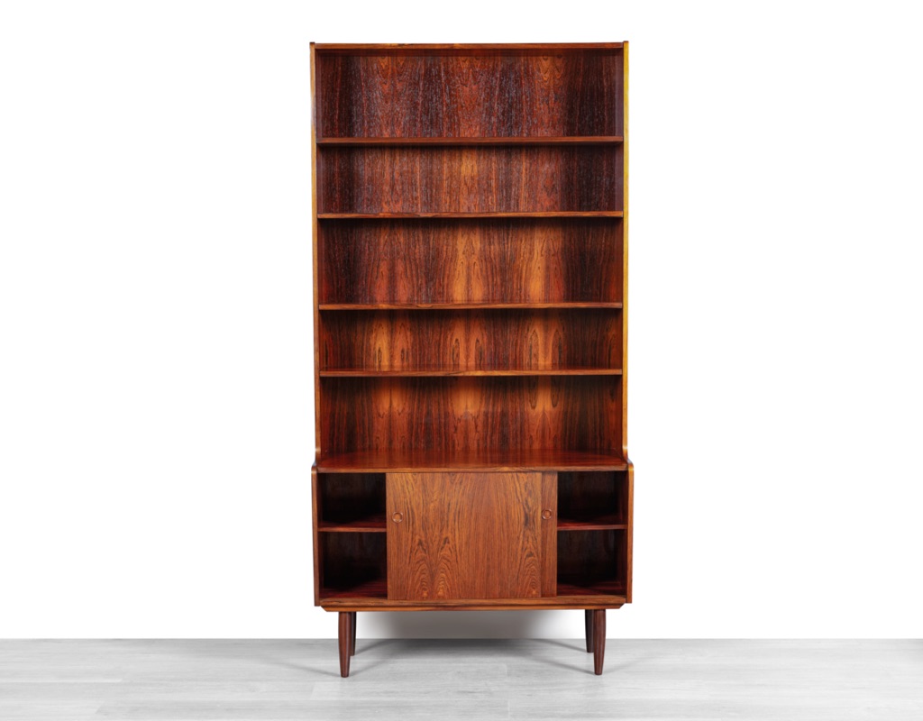 Mid century modern Erik Petersen bookshelf bookcase Danish 1960 Brazilian Rosewood EP Mobler Johannes Sorth Nexo style vintage Scandinavian storage cupboard front view sliding doors