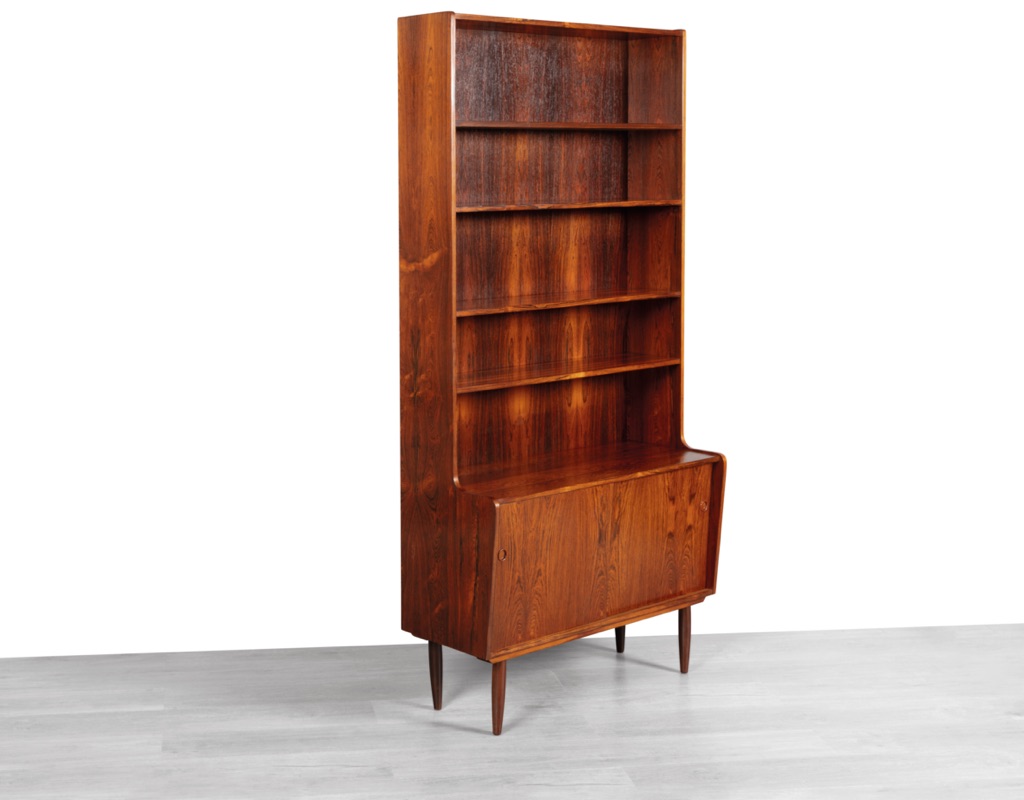 Mid century modern Erik Petersen bookshelf bookcase Danish 1960 Brazilian Rosewood EP Mobler Johannes Sorth Nexo style vintage Scandinavian storage cupboard side view