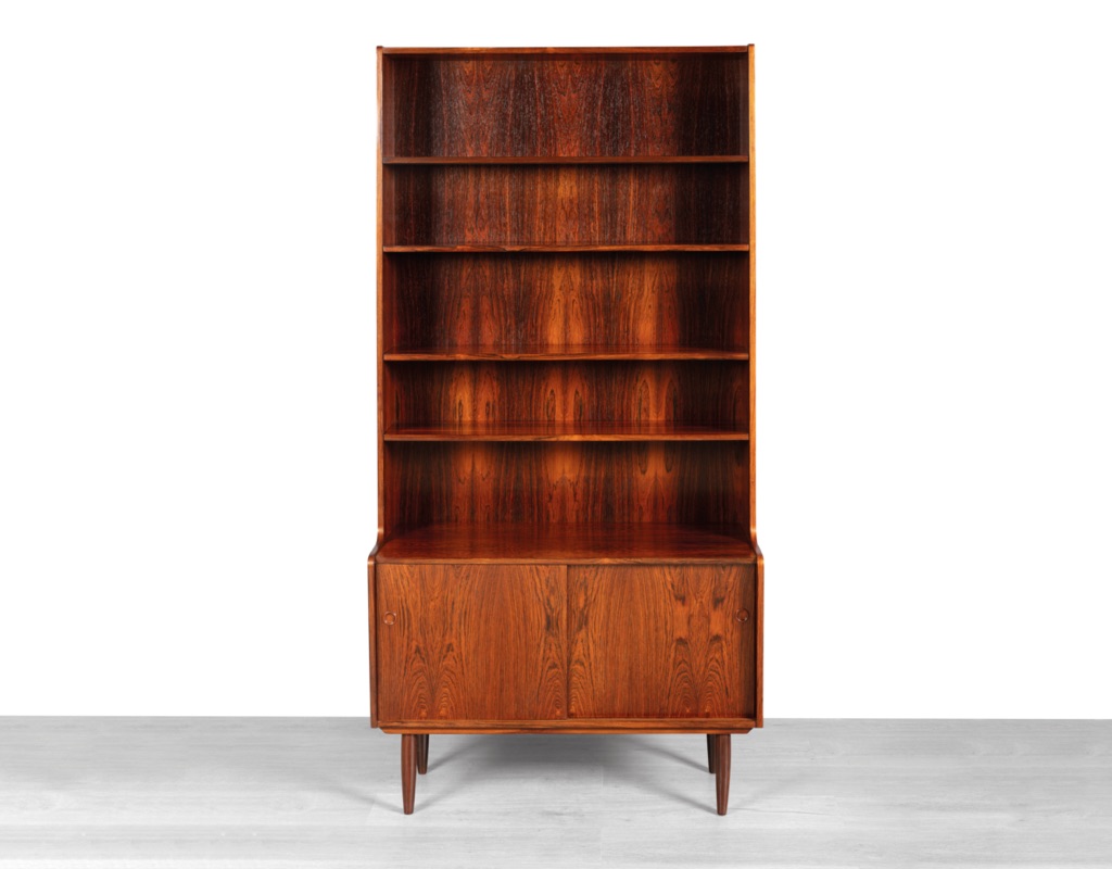 Mid century modern Erik Petersen bookshelf bookcase Danish 1960 Brazilian Rosewood EP Mobler Johannes Sorth Nexo style vintage Scandinavian storage cupboard on legs