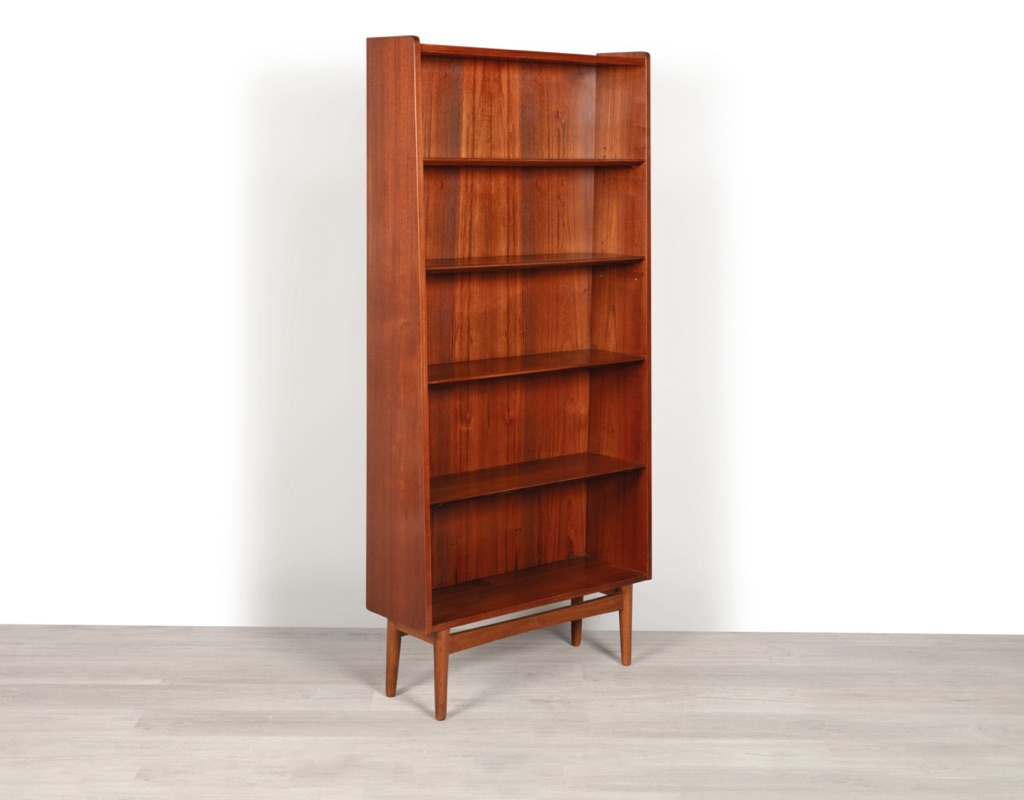 Mid century modern Danish bookshelf 1960s Johannes Sorth by Nexo Mobelfabrik in teak stretcher base conical shape adjustable shelves profile