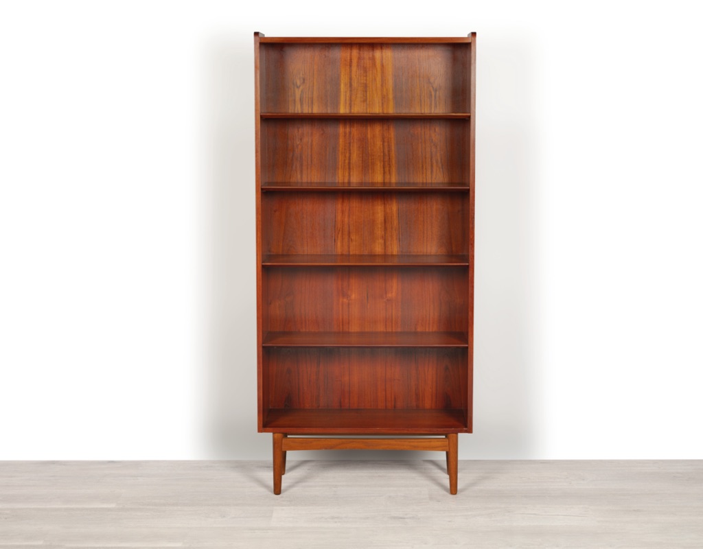Mid century modern Danish 1960s Johannes Sorth Bookshelf by Nexo Mobelfabrik in teak stretcher base conical shape adjustable shelves