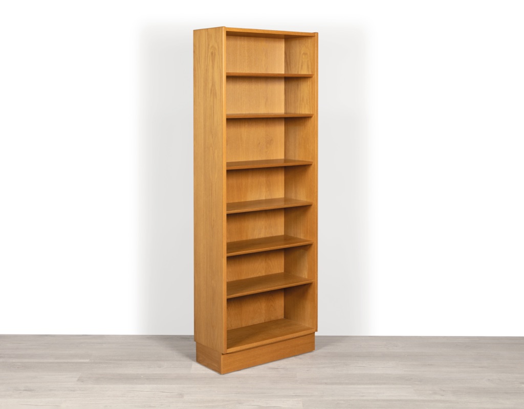 Mid century modern Poul Hundevad bookshelf Danish vintage 1960 shelving Hundevad Mobelfabrik tall narrow oak Scandinavian design angle view Carlo Jensen
