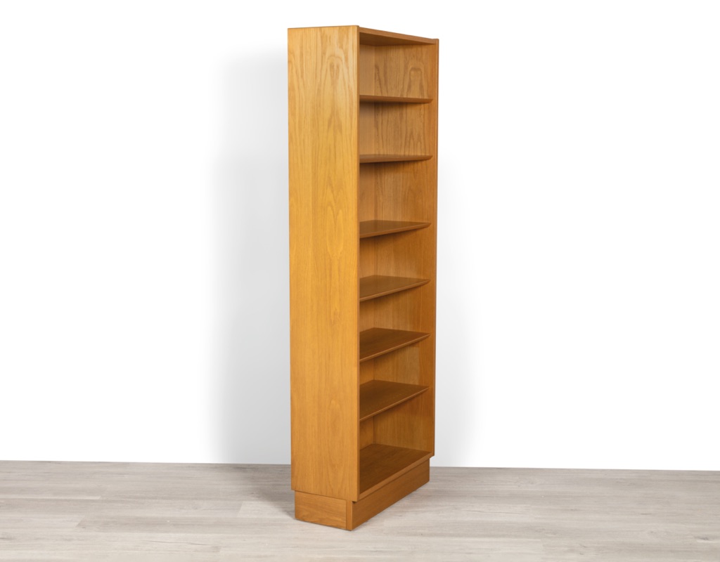 Mid century modern Poul Hundevad bookshelf Danish vintage 1960 shelving Hundevad Mobelfabrik tall narrow oak Scandinavian design Carlo Jensen Adjustable
