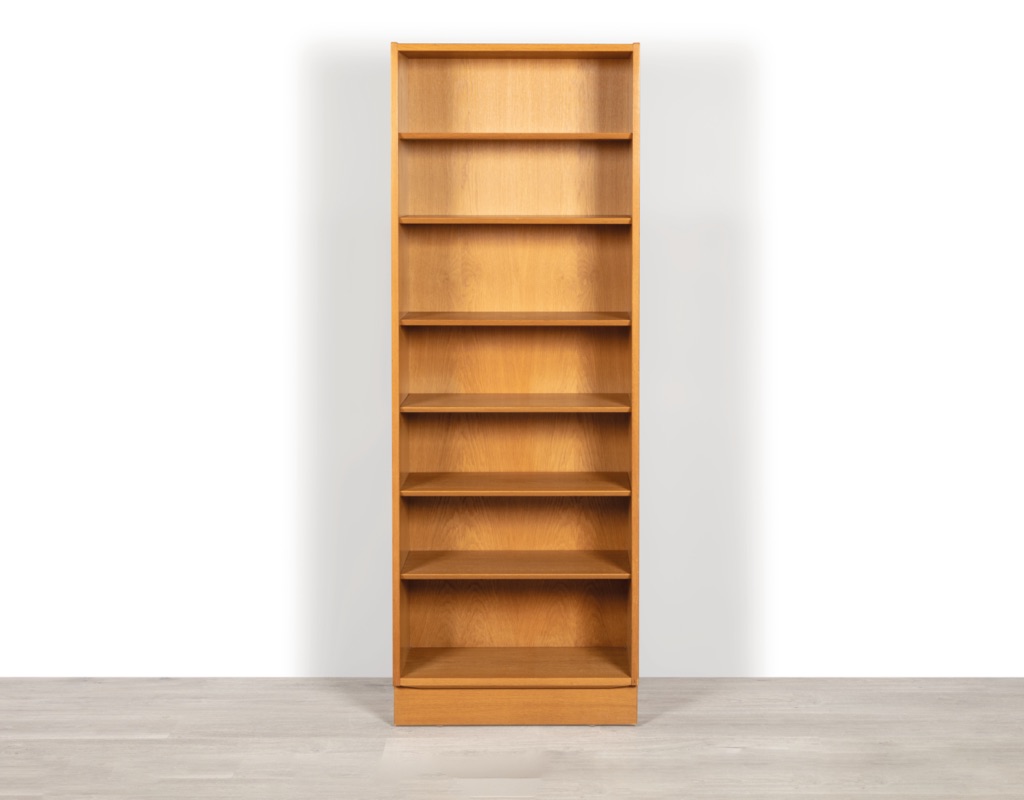 Mid century modern Poul Hundevad bookshelf Danish vintage 1960 shelving Hundevad Mobelfabrik tall narrow oak Scandinavian design Carlo Jensen