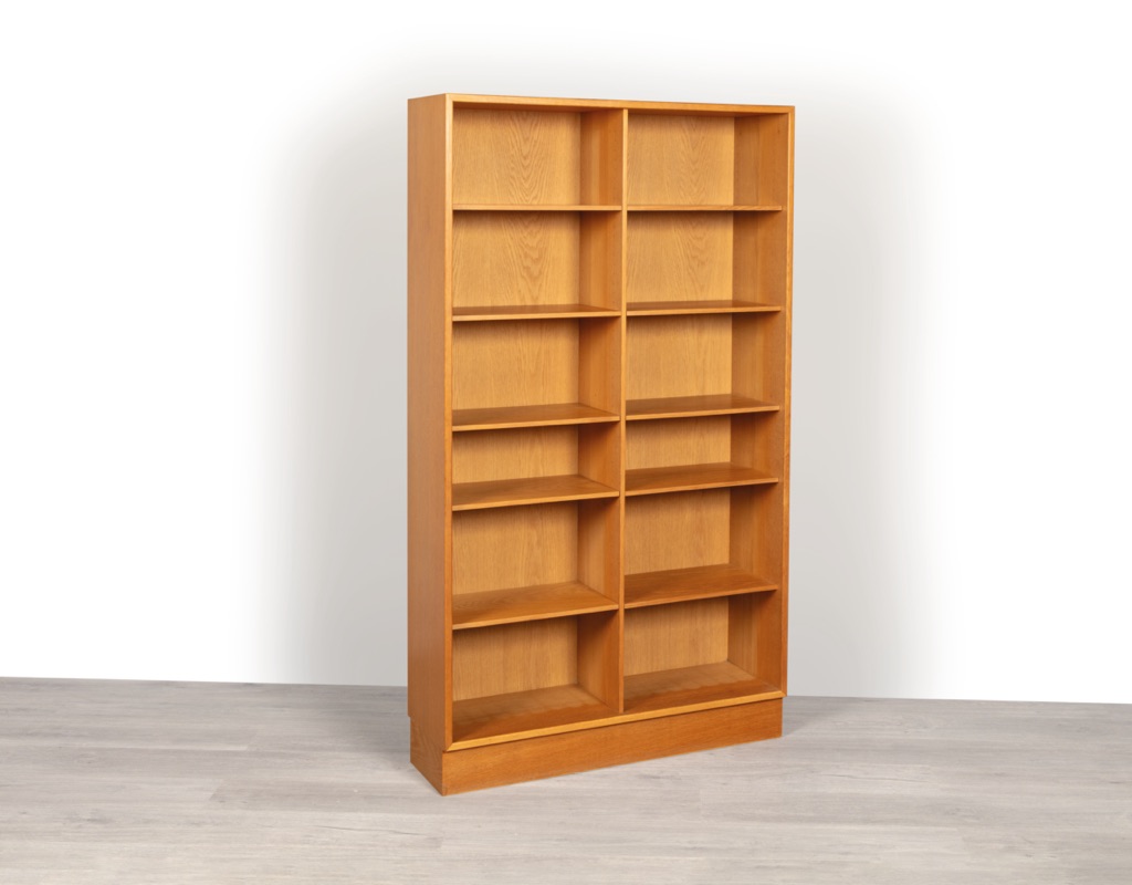 Mid century modern bookshelf Danish vintage 1960s European oak adjustable shelving heights Scandinavian storage double