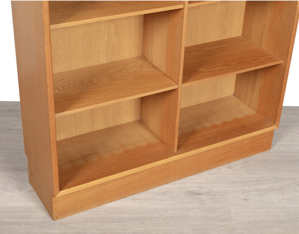 Mid century modern bookshelf Danish vintage 1960s European oak adjustable shelving heights Scandinavian storage patina fading