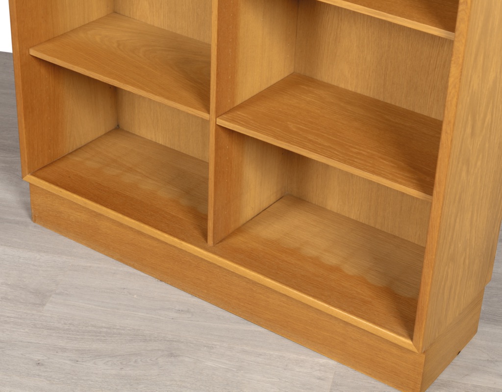 Mid century modern bookshelf Danish vintage 1960s European oak adjustable shelving heights Scandinavian storage plinth base