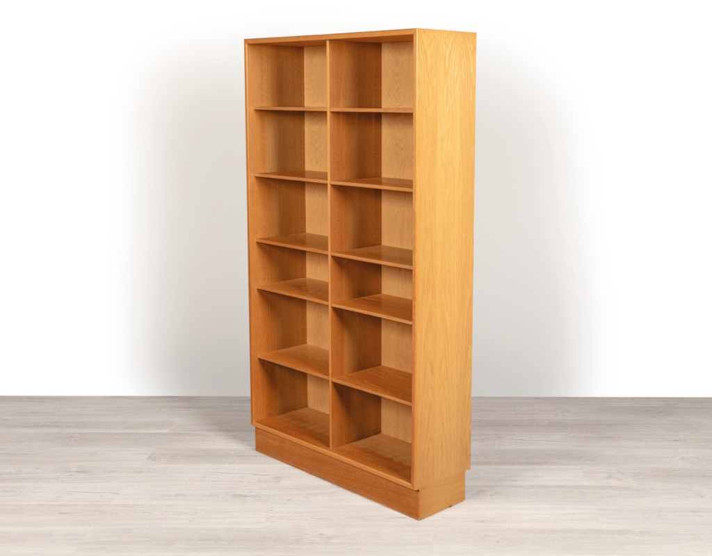 Mid century modern bookshelf Danish vintage 1960s European oak adjustable shelving heights Scandinavian storage side view