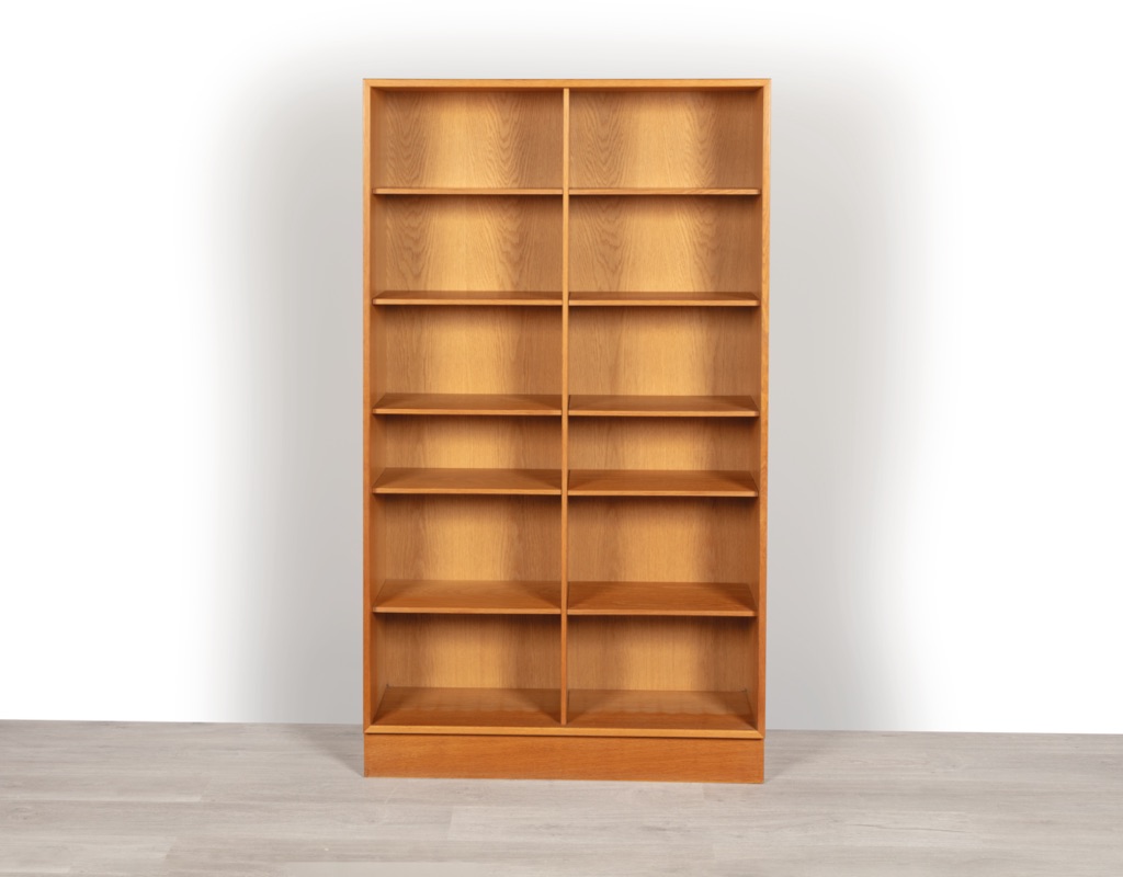 Mid century modern bookshelf Danish vintage 1960s European oak adjustable shelving heights Scandinavian storage double sided