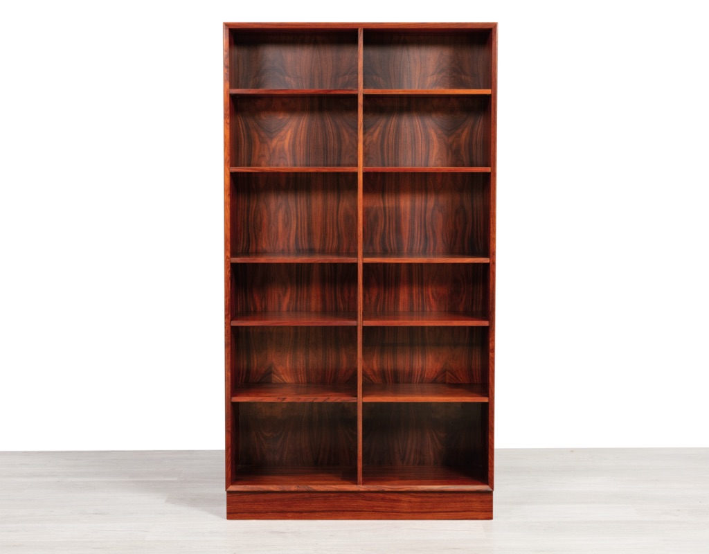 Mid century modern Danish bookshelf in Brazilian Rosewood 1960s Scandinavian vintage storage adjustable shelves by Brouer Mobelfabrik imported from Denmark Poul Hundevad front view