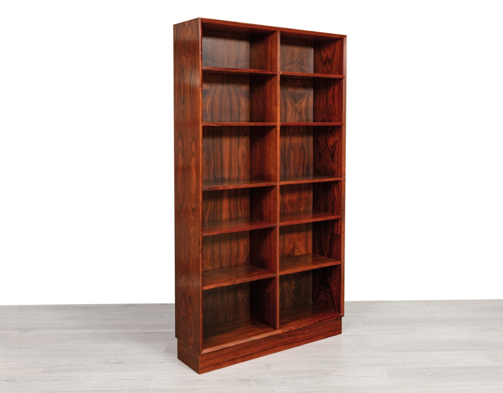 Mid century modern Danish bookshelf in Brazilian Rosewood 1960s Scandinavian vintage storage adjustable shelves by Brouer Mobelfabrik imported from Denmark Poul Hundevad side view