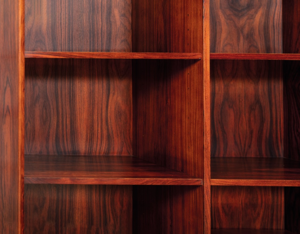 Mid century modern Danish bookshelf in Brazilian Rosewood 1960s Scandinavian vintage storage adjustable shelves by Brouer Mobelfabrik imported from Denmark Poul Hundevad close up