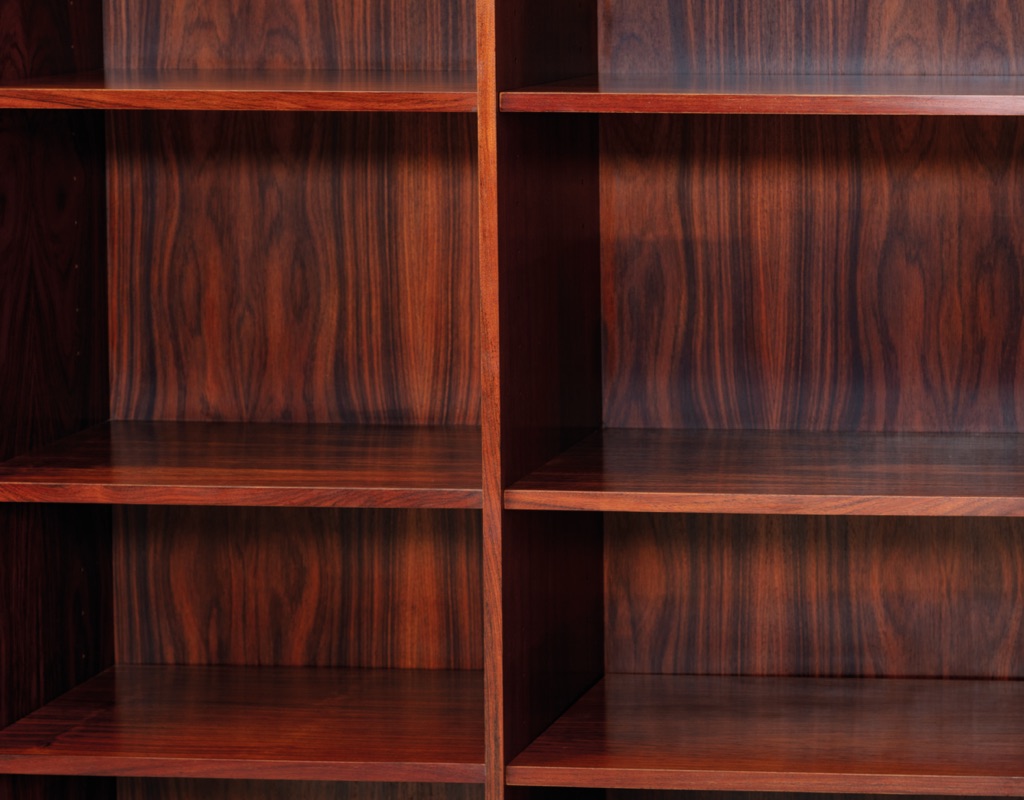 Mid century modern Danish bookshelf in Brazilian Rosewood 1960s Scandinavian vintage storage adjustable shelves by Brouer Mobelfabrik imported from Denmark Poul Hundevad highly figured wood