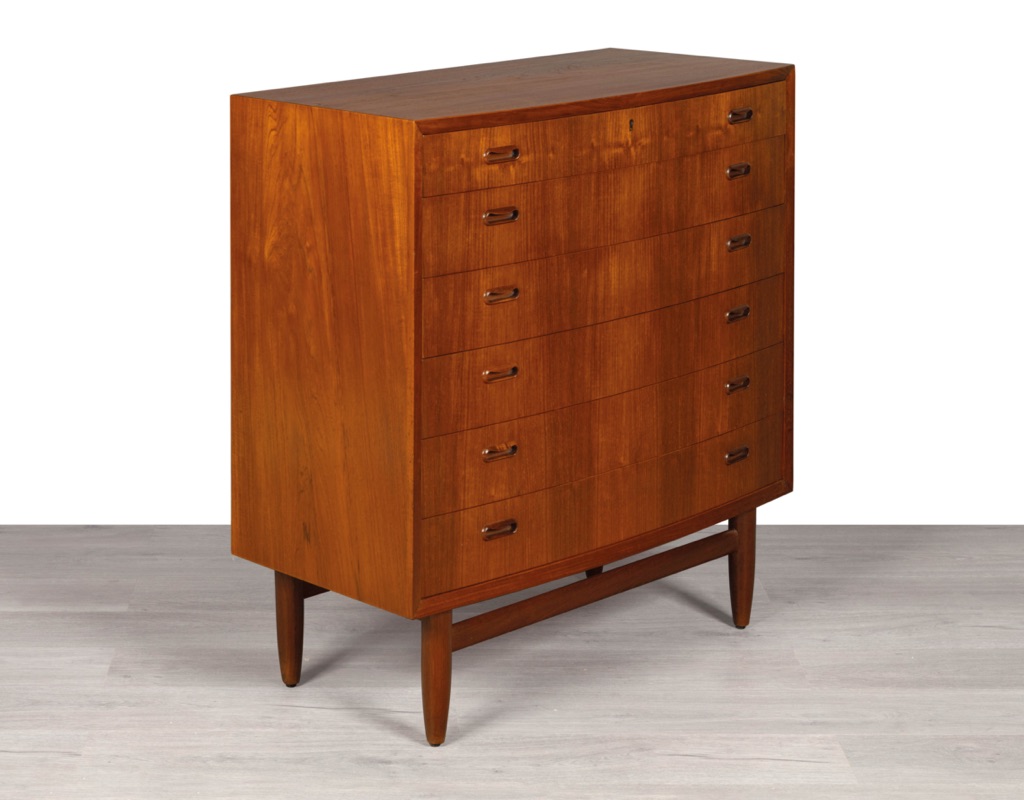 Mid Century Modern Chest of Drawers Danish 1960s Bow Front Teak Tallboy Vintage Denmark Original Scandinavian storage Bedroom Furniture Curved Front Johannes Sorth stretcher base dovetail joins.