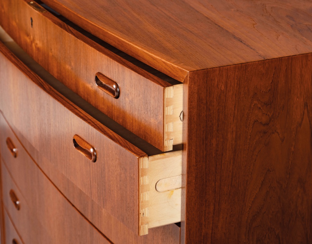 Mid Century Modern Chest of Drawers Danish 1960s Bow Front Teak Tallboy Vintage Denmark Original Scandinavian storage Bedroom Furniture Curved Front Johannes Sorth Dovetails joins