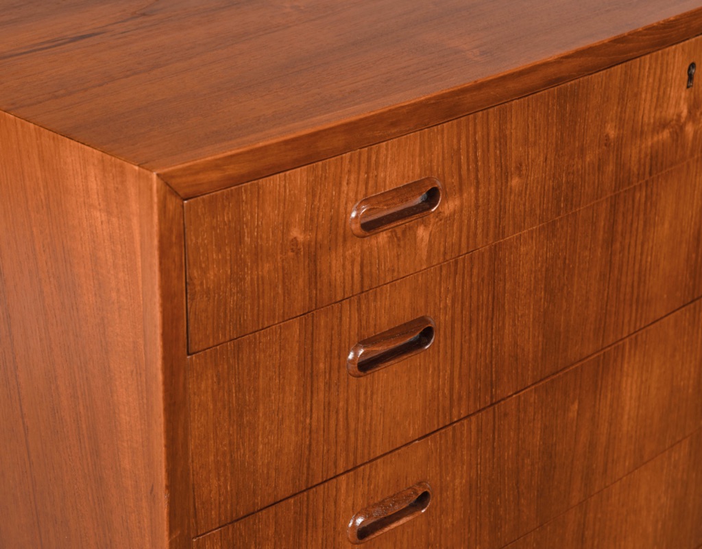 Mid Century Modern Chest of Drawers Danish 1960s Bow Front Teak Tallboy Vintage Denmark Original Scandinavian storage Bedroom Furniture Curved Front Johannes Sorth crossbanding