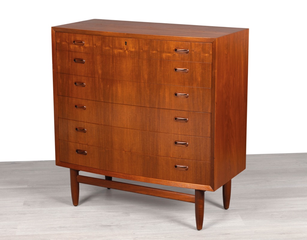 Mid Century Modern Chest of Drawers Danish 1960s Bow Front Teak Tallboy Vintage Denmark Original Scandinavian storage Bedroom Furniture Curved Front Johannes Sorth side view