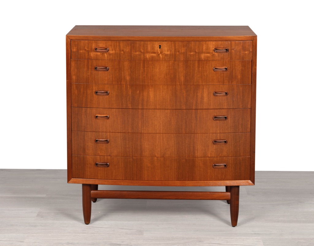 Mid Century Modern Chest of Drawers Danish 1960s Bow Front Teak Tallboy Vintage Denmark Original Scandinavian storage Bedroom Furniture Curved Front Johannes Sorth