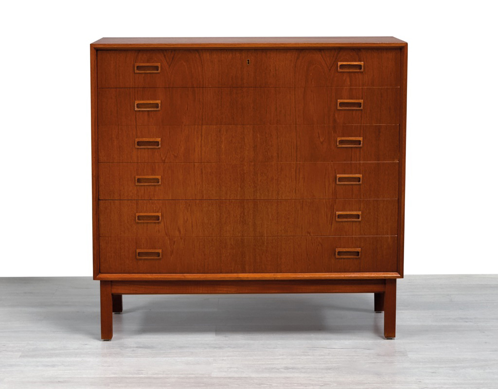Mid century modern chest of drawers tallboy Danish vintage wide drawers by Kurt Ostervig in teak 1960 Scandinavian original design front view