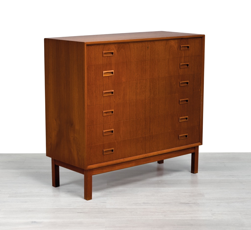 Mid century modern chest of drawers tallboy Danish vintage wide drawers by Kurt Ostervig in teak 1960 Scandinavian original design side