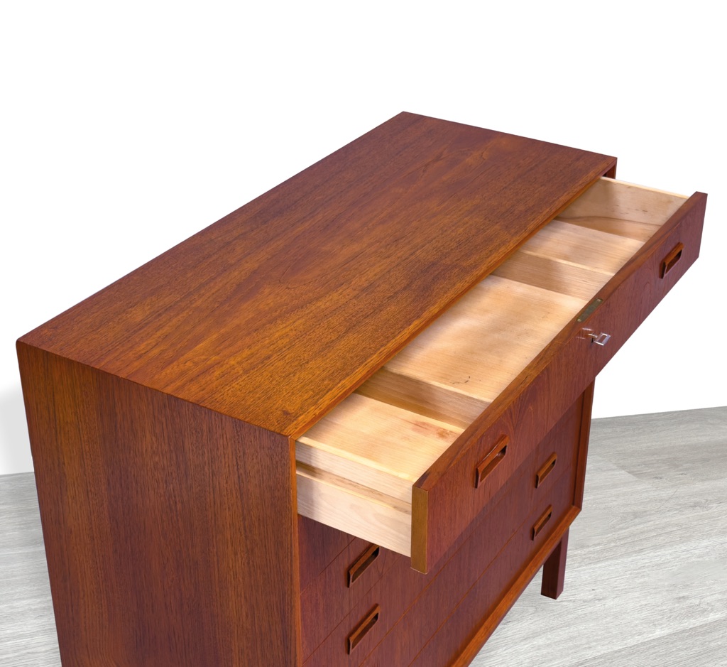 Mid century modern chest of drawers tallboy Danish vintage wide drawers by Kurt Ostervig in teak 1960 Scandinavian original design drawer open