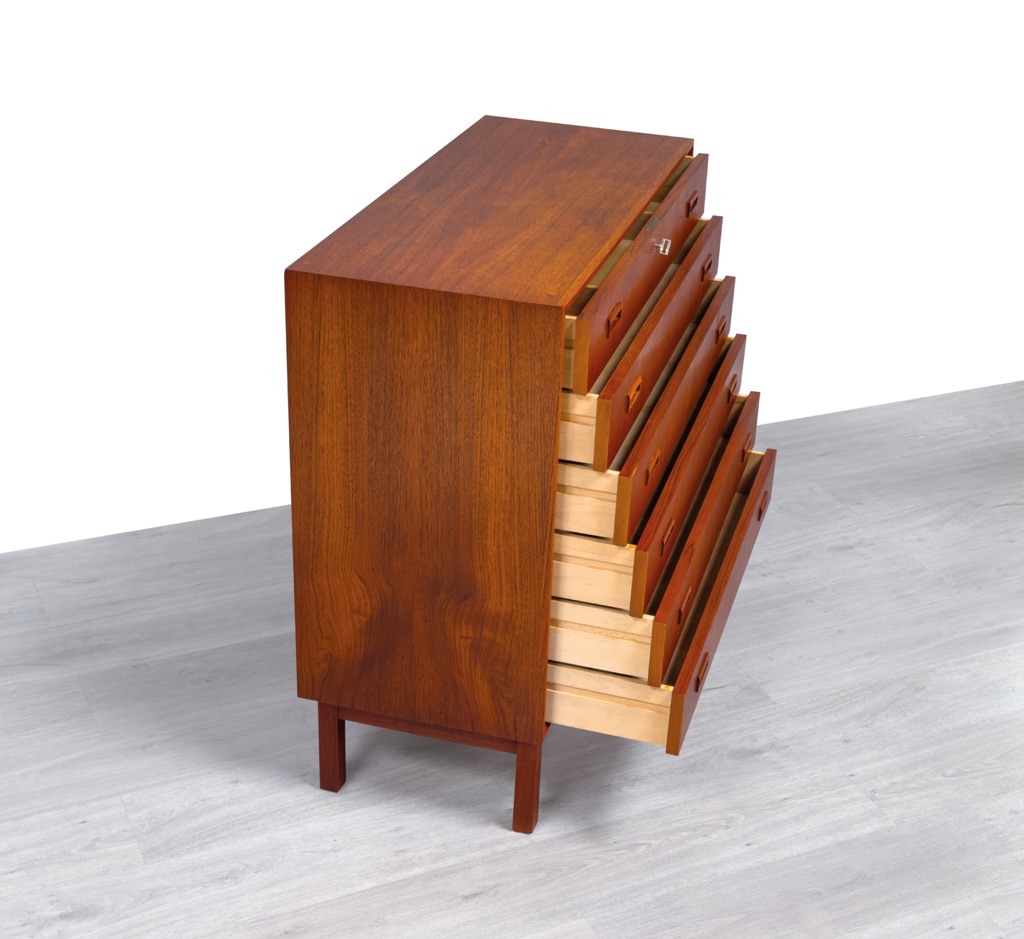 Mid century modern chest of drawers tallboy Danish vintage wide drawers by Kurt Ostervig in teak 1960 Scandinavian original design side view