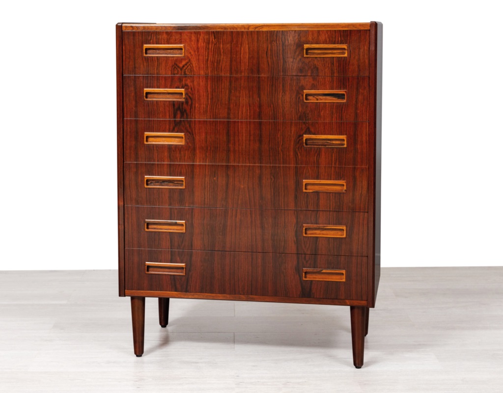 Danish Mid Century Modern Danish vintage Brazilian rosewood chest of drawers by P. Westergaard Mobelfabrik of Silkeborg Denmark tallboy storage Scandinavian design