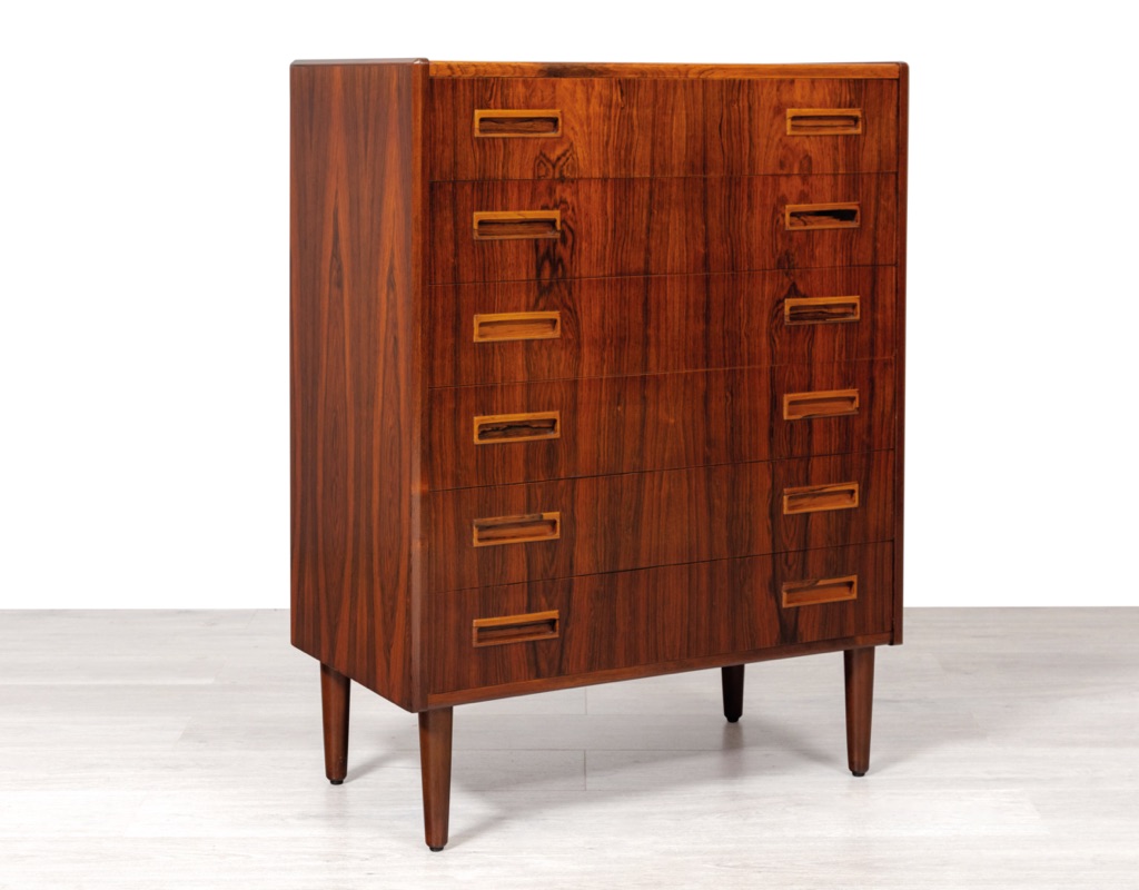 Danish Mid Century Modern Danish vintage Brazilian rosewood chest of drawers by P. Westergaard Mobelfabrik of Silkeborg Denmark tallboy storage Scandinavian design side