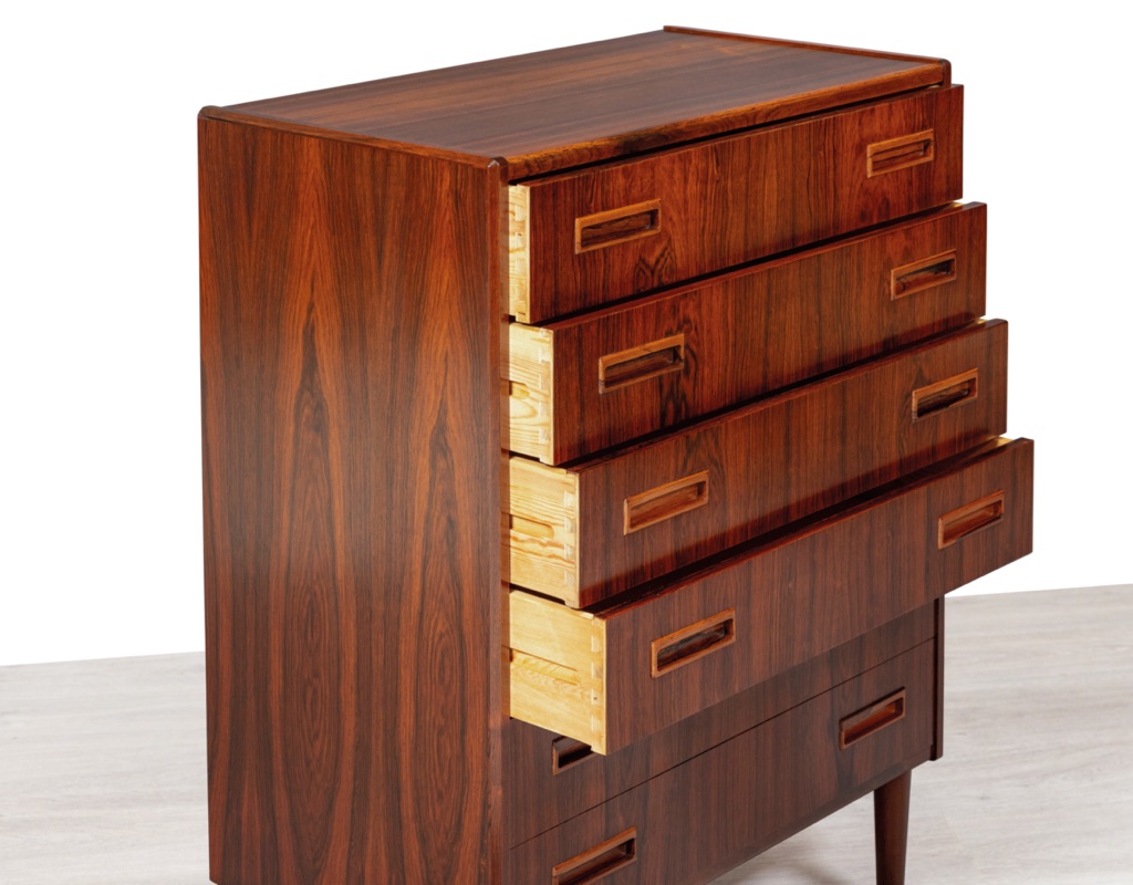 Danish Mid Century Modern Danish vintage Brazilian rosewood chest of drawers by P. Westergaard Mobelfabrik of Silkeborg Denmark tallboy storage Scandinavian design dovetail joins