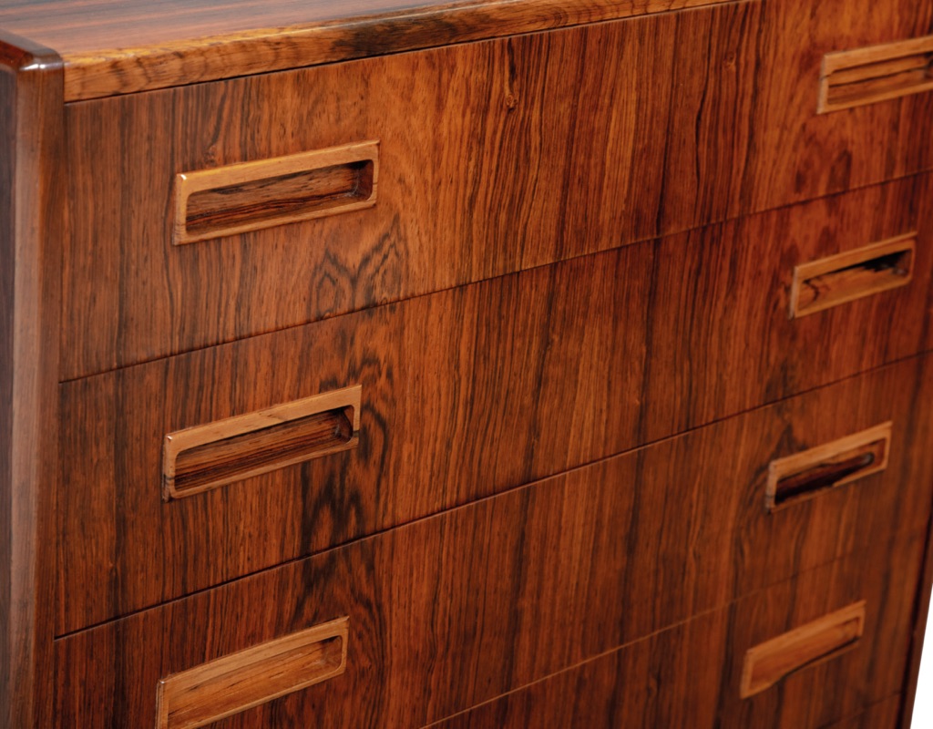 Danish Mid Century Modern Danish vintage Brazilian rosewood chest of drawers by P. Westergaard Mobelfabrik of Silkeborg Denmark tallboy storage Scandinavian design handles