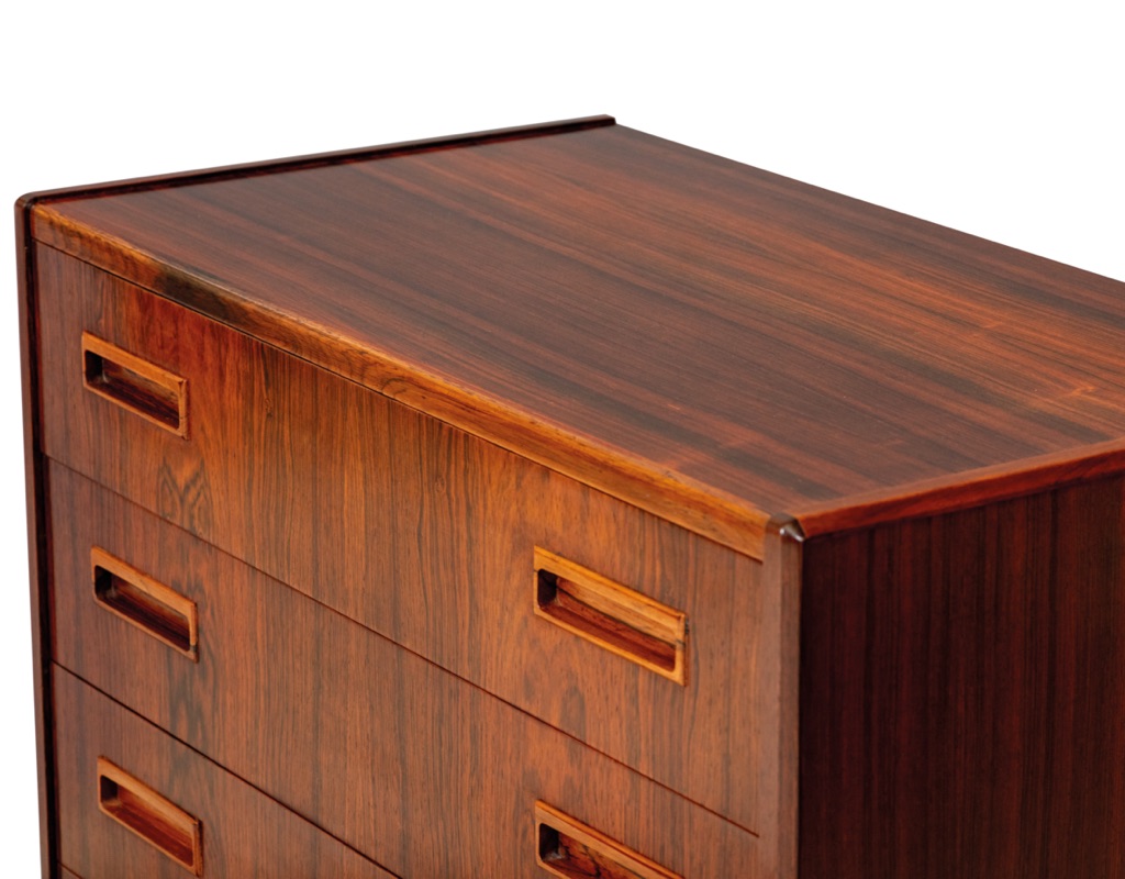 Danish Mid Century Modern Danish vintage Brazilian rosewood chest of drawers by P. Westergaard Mobelfabrik of Silkeborg Denmark tallboy storage Scandinavian design top