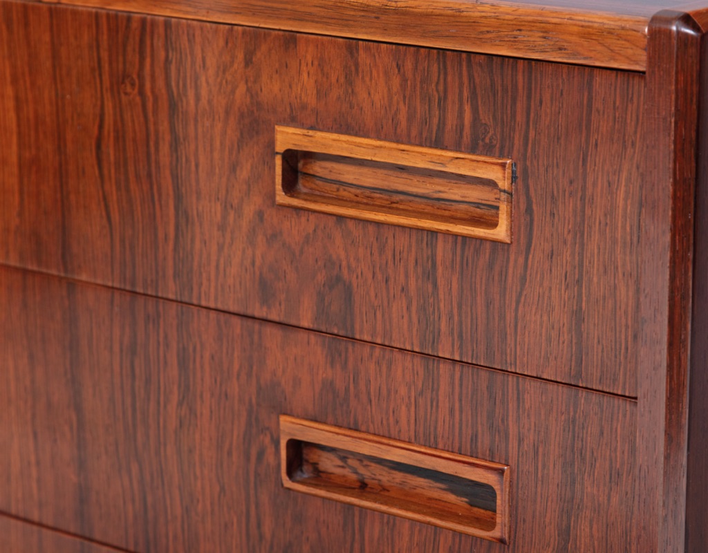 Danish Mid Century Modern Danish vintage Brazilian rosewood chest of drawers by P. Westergaard Mobelfabrik of Silkeborg Denmark tallboy storage Scandinavian design up close