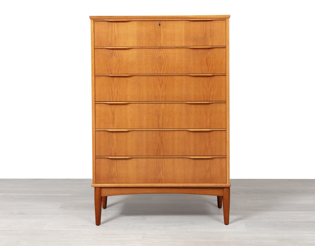 Mid century modern Danish vintage chest of drawers tallboy European oak Denmark 1960s storage teak legs
