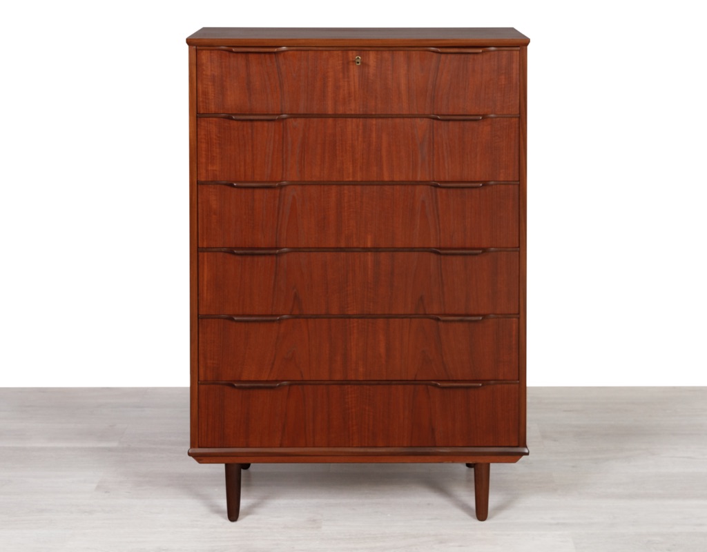 Mid century modern chest of drawers Danish vintage teak tallboy Denmark 1960s original imported bedroom furniture Melbourne Ejsing Mobelfabrik front