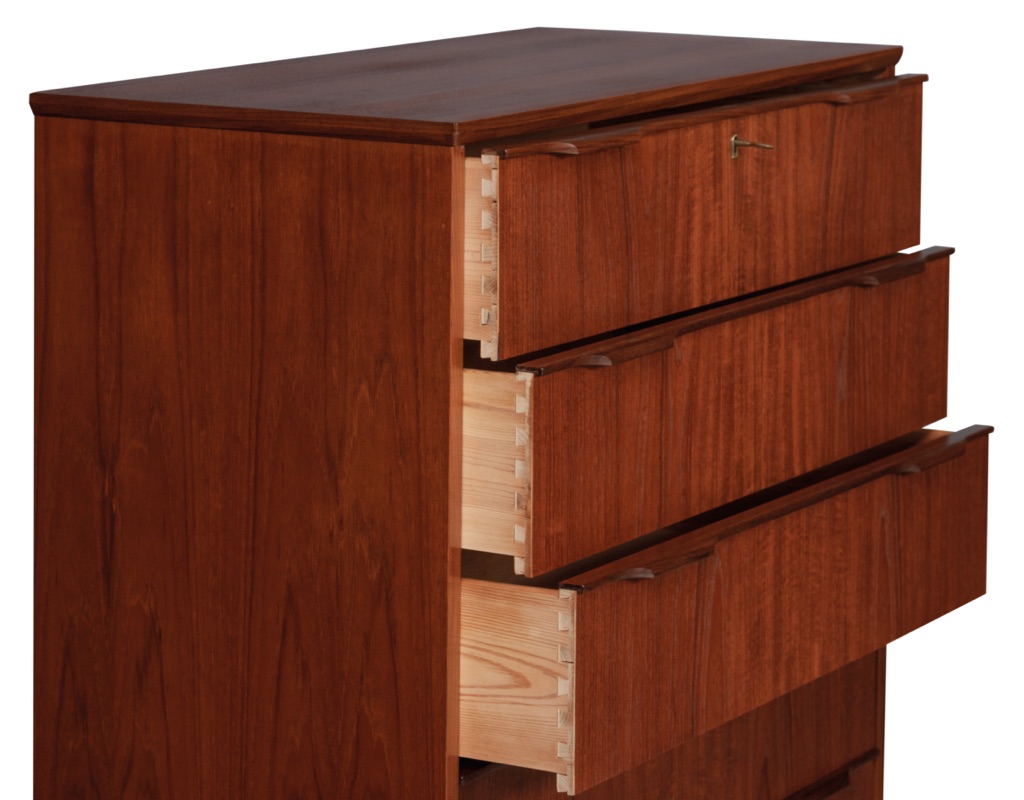 Mid century modern chest of drawers Danish vintage teak tallboy Denmark 1960s original imported bedroom furniture Melbourne Ejsing Mobelfabrik dovetail