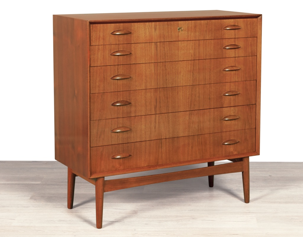 Mid century modern chest of drawers by Johannes Sorth for Nexo Mobelfabrik Danish vintage storage teak tallboy 1960s in Melbourne stretcher base