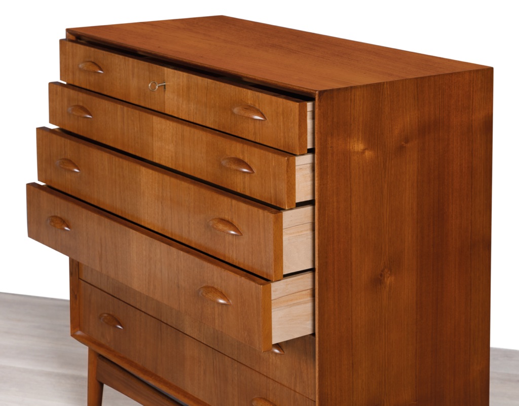 Mid century modern chest of drawers by Johannes Sorth for Nexo Mobelfabrik Danish vintage storage teak tallboy 1960s in Melbourne dovetail join