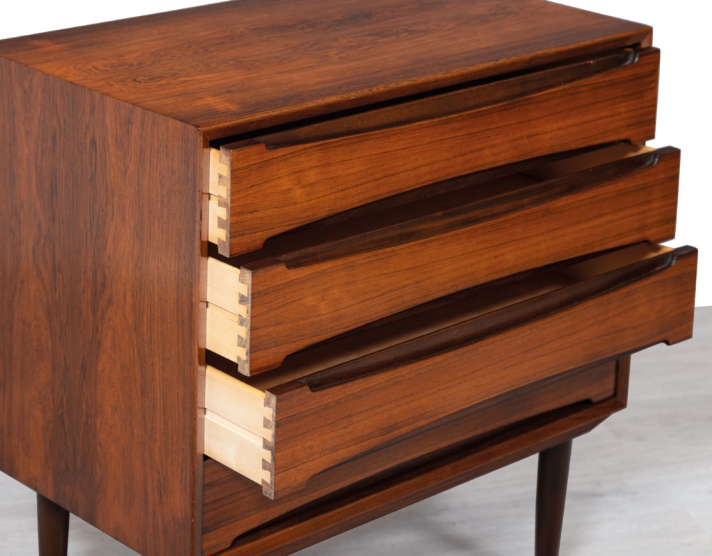 Mid century modern Danish chest of drawers tallboy Brazilian rosewood Arne Vodder Skovby Mobelfabrik 1960 Denmark Scandinavian design storage open