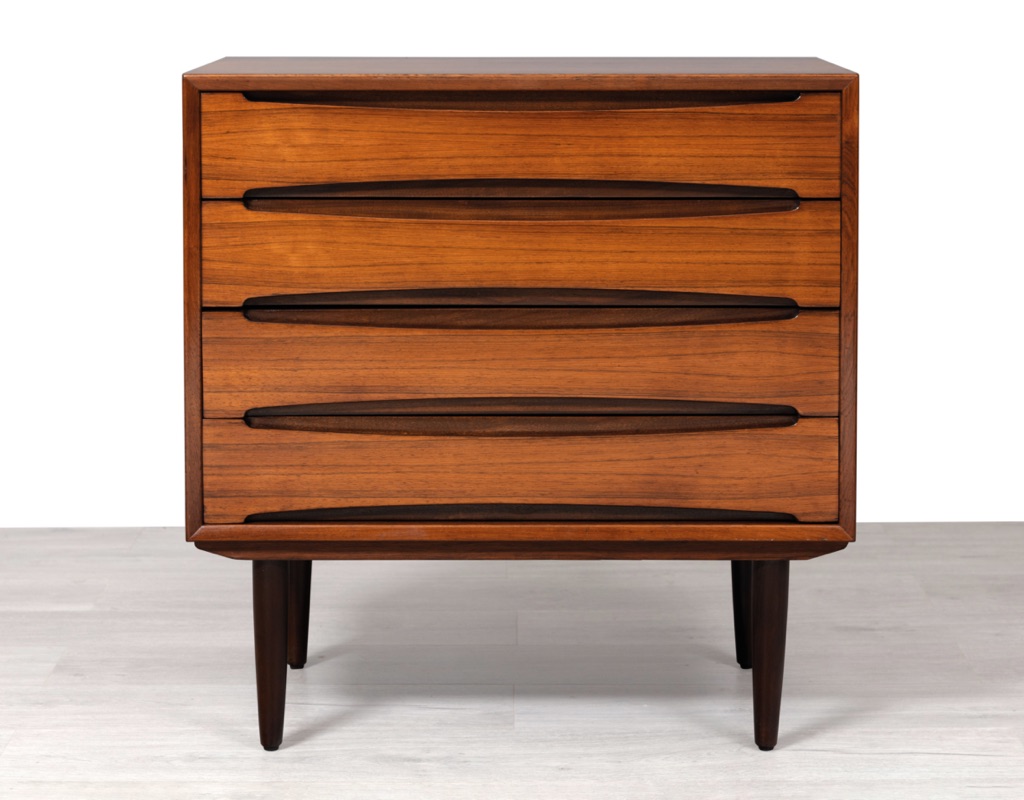 Mid century modern Danish chest of drawers tallboy Brazilian rosewood Arne Vodder Skovby Mobelfabrik 1960 Denmark Scandinavian design storage front view