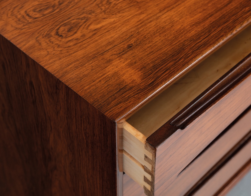 Mid century modern Danish chest of drawers tallboy Brazilian rosewood Arne Vodder Skovby Mobelfabrik 1960 Denmark Scandinavian design storage drawer open