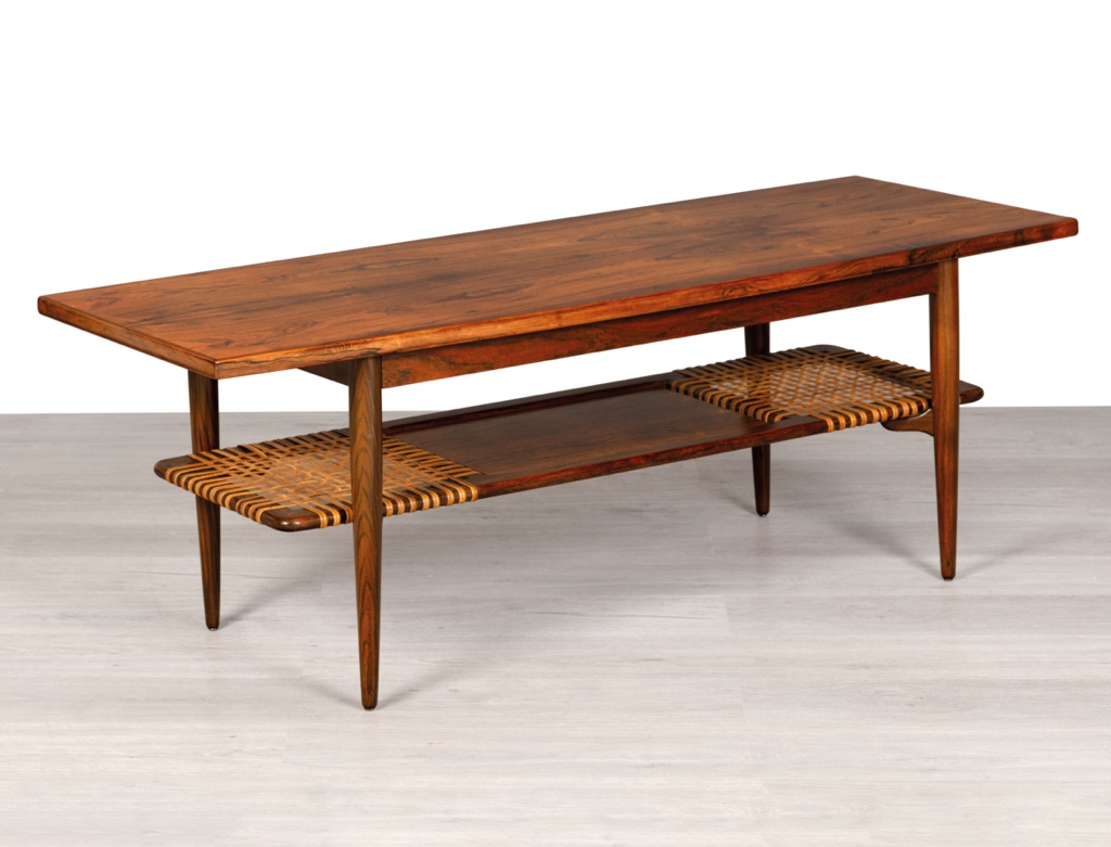 Mid century modern Danish coffee table vintage Scandinavian Brazilian rosewood rattan shelf 1960s