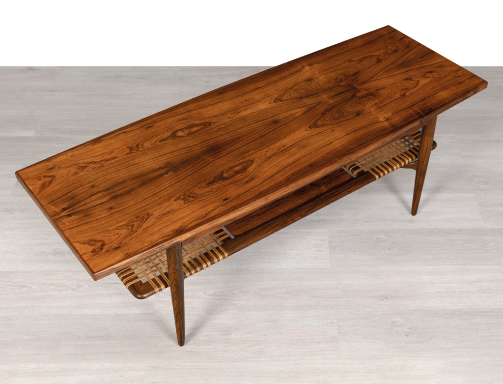 Mid century modern Danish coffee table vintage Scandinavian Brazilian rosewood rattan shelf 1960s highly figured top