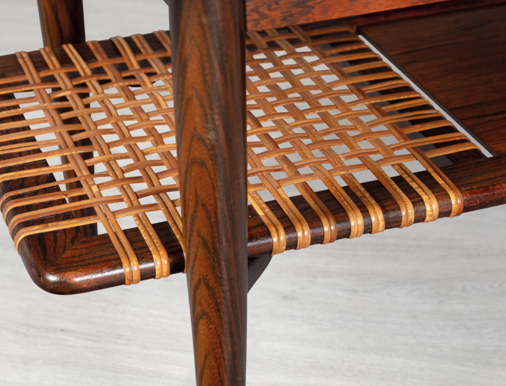 Mid century modern Danish coffee table vintage Scandinavian Brazilian rosewood rattan shelf 1960s cane magazine rack