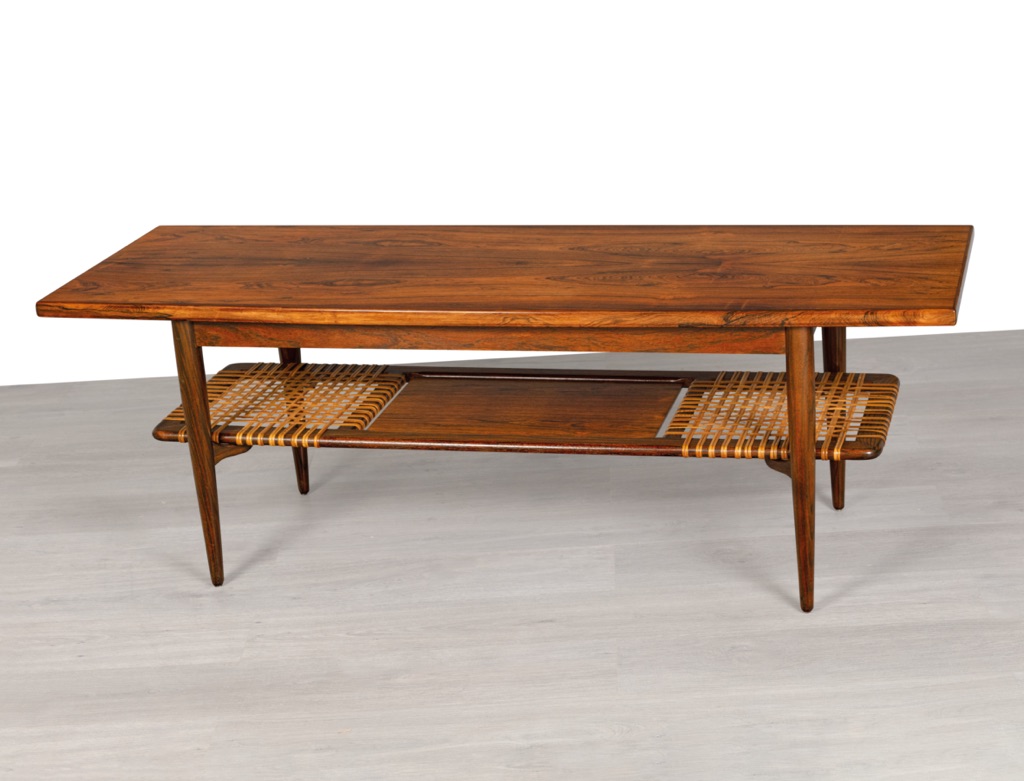 Mid century modern Danish coffee table vintage Scandinavian Brazilian rosewood rattan shelf 1960s front