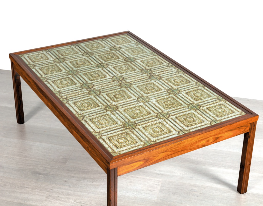 Mid century modern coffee table Danish vintage 1960 Brazilian rosewood imported from Denmark original Scandinavian design Melbourne Brunswick East Gangso Mobler green tiles brown tiles squares
