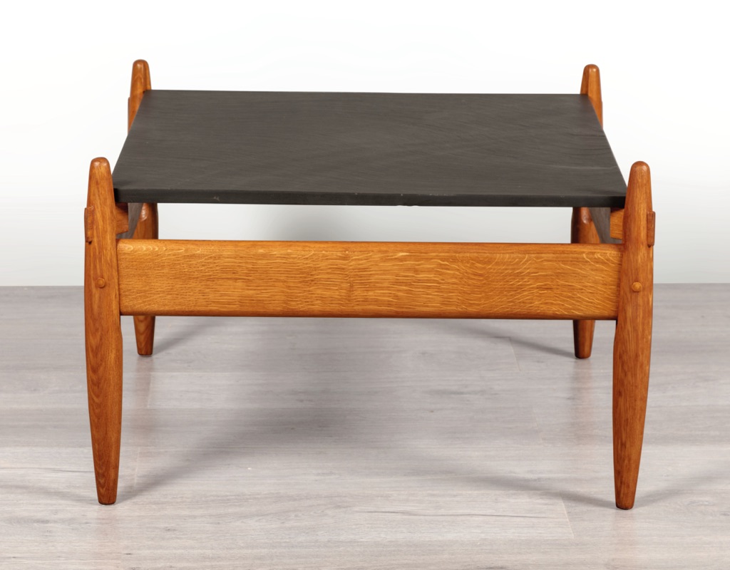 Mid century modern Danish vintage coffee table 1960s European oak slate tabletop style of Sergio Rodrigues Brazil