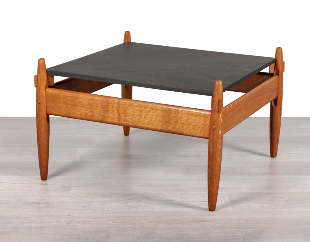Mid century modern Danish vintage coffee table 1960s European oak slate tabletop style of Sergio Rodrigues Brazil