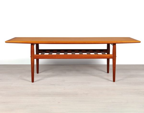 Mid century modern coffee table Grete Jalk Danish 1960 vintage teak Glostrup Mobelfabrik shelf sofa table Scandinavian original design side view