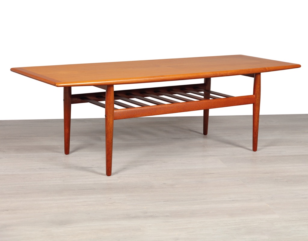 Mid century modern coffee table Grete Jalk Danish 1960 vintage teak Glostrup Mobelfabrik shelf sofa table Scandinavian original design profile long
